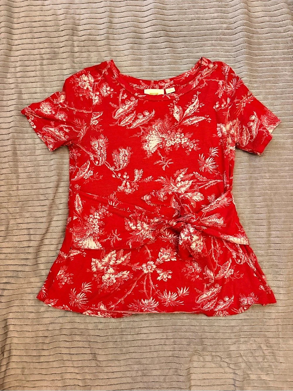Maeve by Anthropologie Floral Tie-Waist Blouse in Red & White Size XS Like New